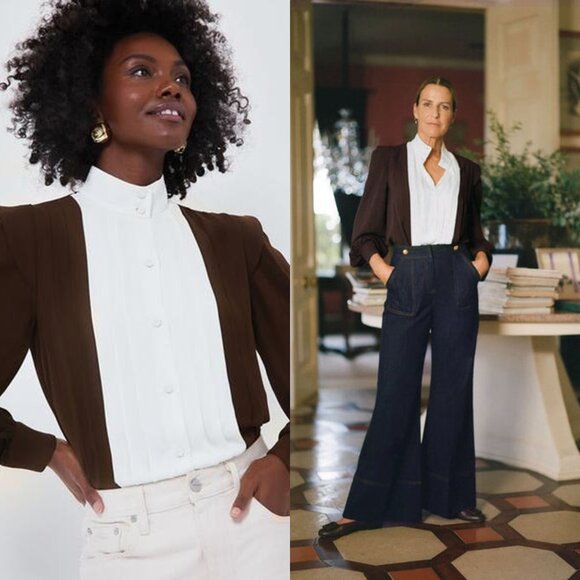 NWT Tuckernuck x India Hicks Groves Top Brown Pleated Blouse Size XL - Picture 1 of 7